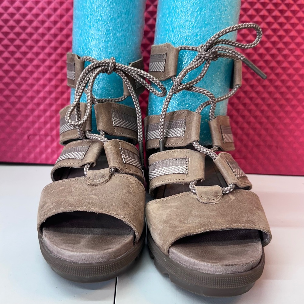 Boho Sorel Joanie II Lace Wedge Sandals Brown Leather Women Size 8 - Picture 7 of 11